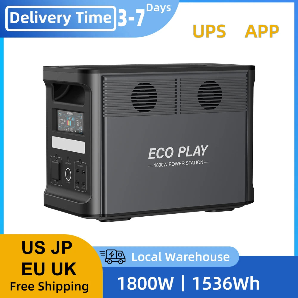 ECOPLAY Power Station 1800W/1536Wh LiFePO4 Battery Solar Generator with 3 AC Outlets (3600W Peak) Large Capacity Emergency Power