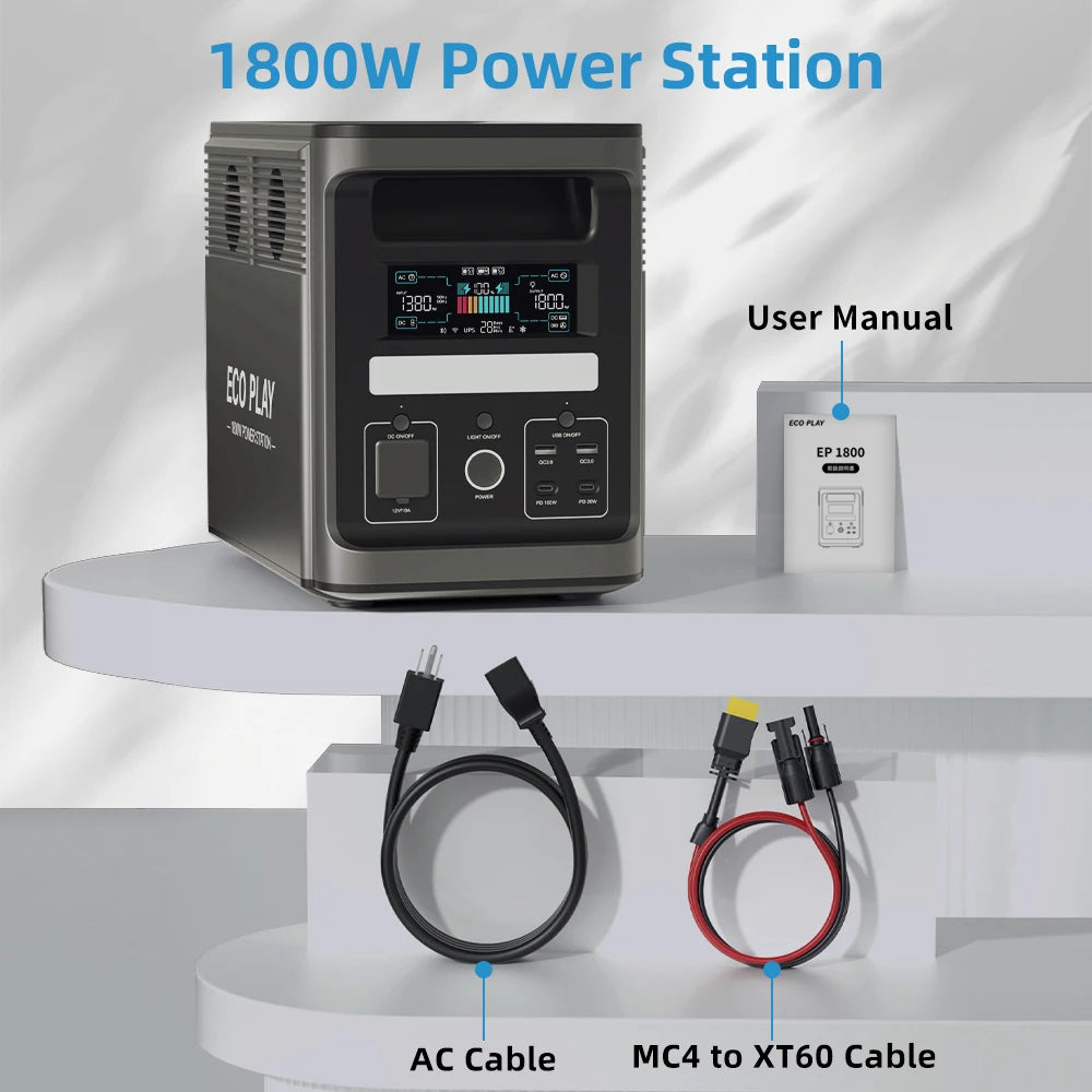ECO PLAY Portable Power Supply, EP1800 1536Wh, LiFeP04 Battery with 3x1800W(3600W Surge)AC Outlets for Outdoor Camping RV Home