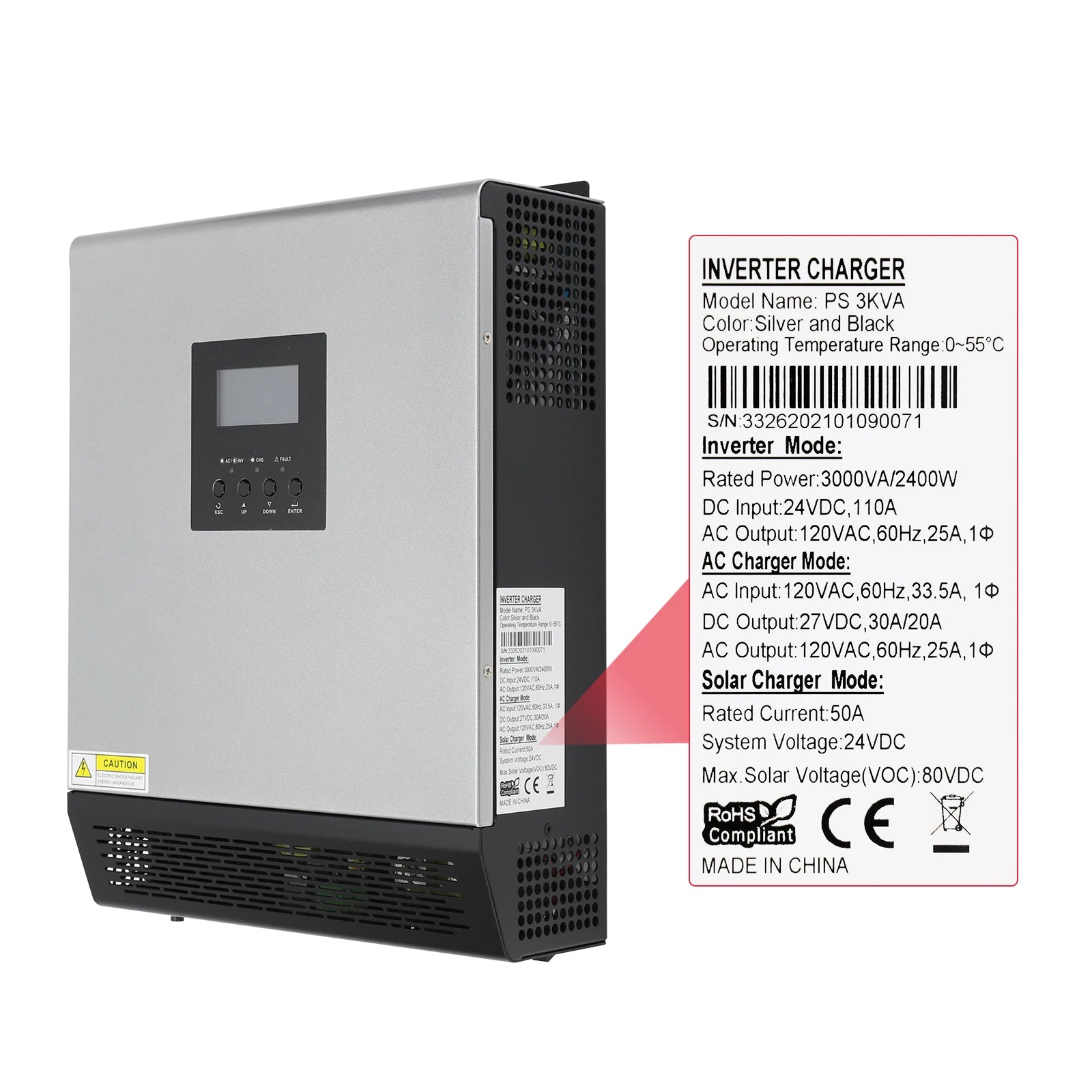 2400W Pure Sine Wave Hybrid Off-Grid Solar Inverter With 50A PWM Solar Charge Controller 24VDC to 110/12VAC Max PV Input 80Vdc