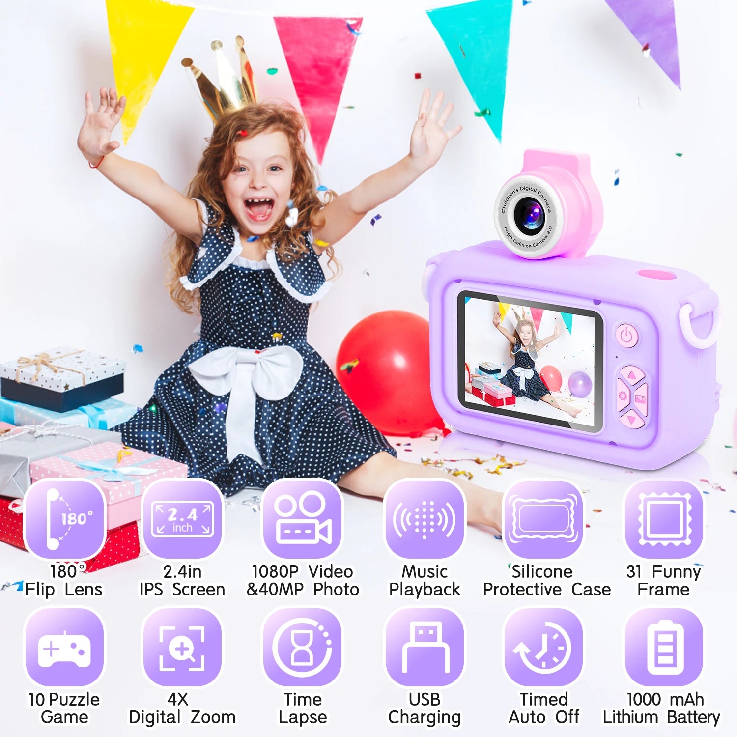 Kids Camera,ARNSSIEN 180° Flip Lens Camera for Kid,2.4in IPS LCD Digital Camera with Silicone Case,Child Selfie Camera for 3 4 5