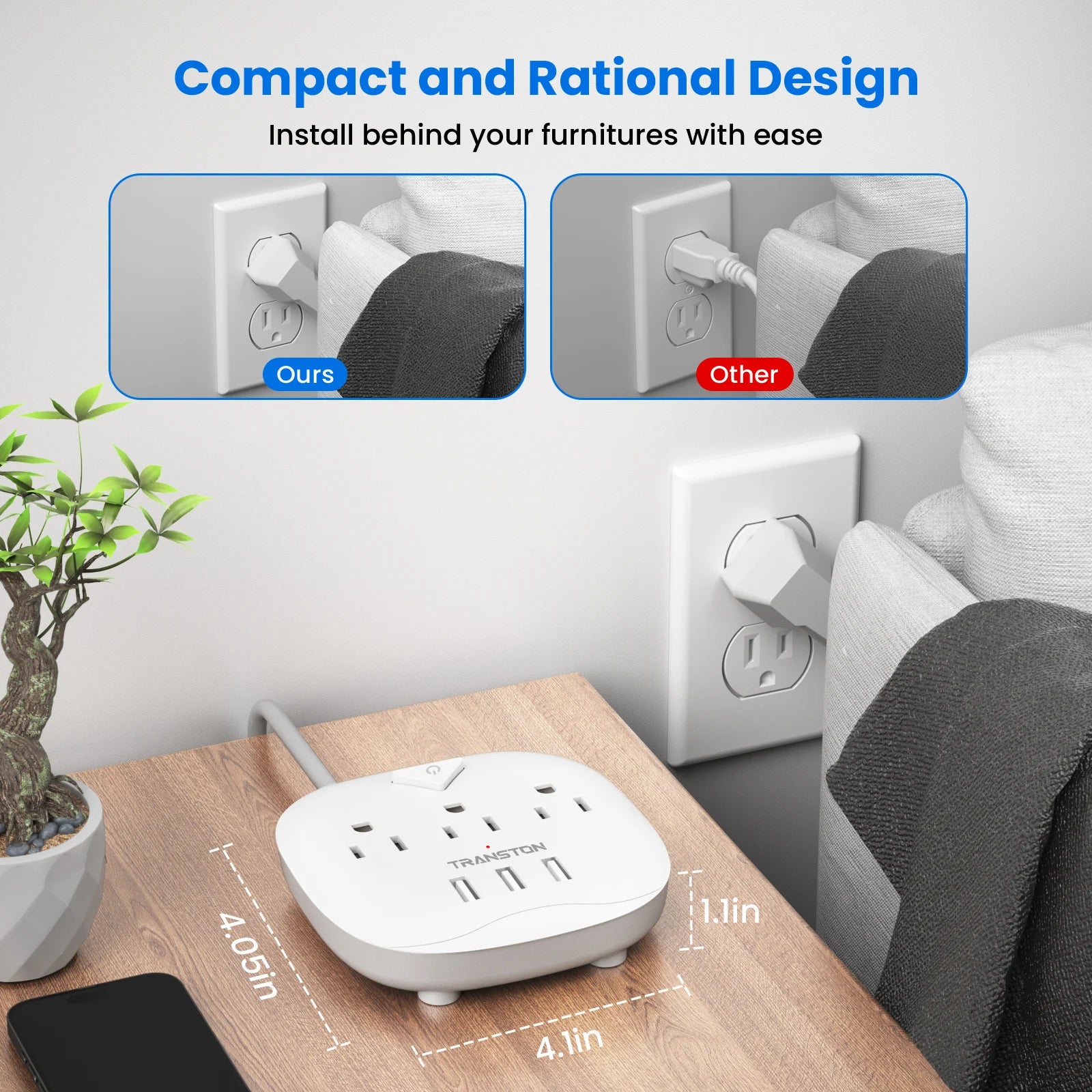 TRANSTON power strip with switch, 3power strip, 3 USB Ports, 3.3ft Extension Cord, Quick Charge, Fire Resistant, For Home