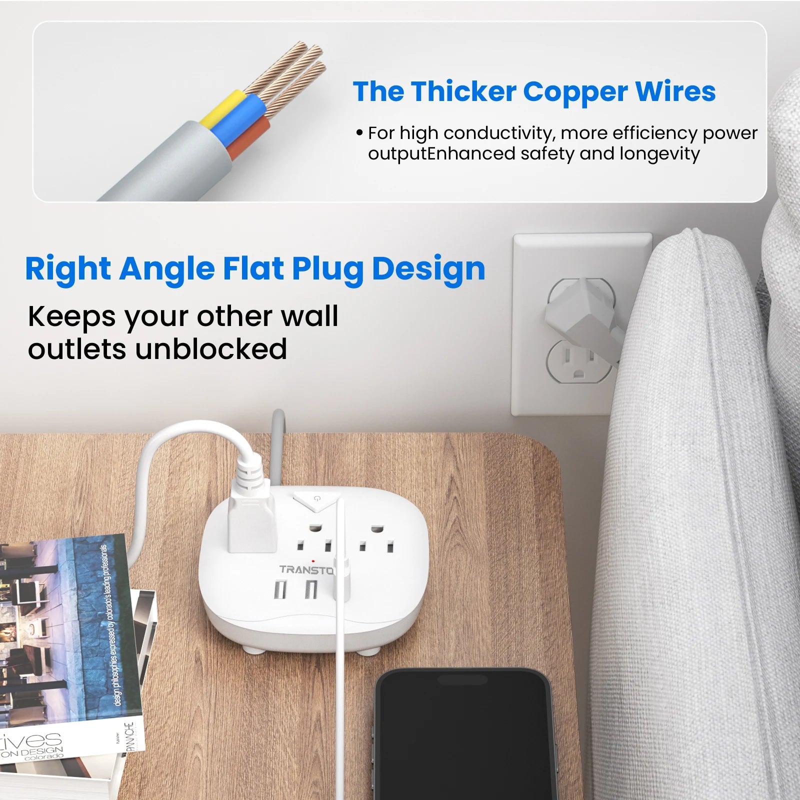 TRANSTON power strip with switch, 3power strip, 3 USB Ports, 3.3ft Extension Cord, Quick Charge, Fire Resistant, For Home