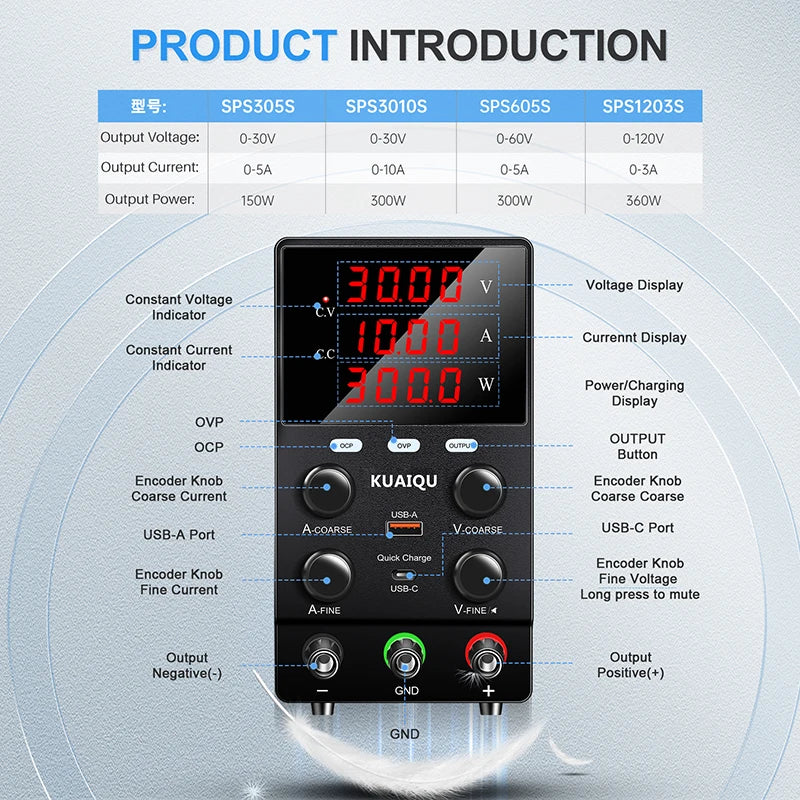 KUAIQU SPS3010S DC Power Supply 30V 10A Lab Power Source OCP OVP OUTPUT Switching Voltage Regulator Phone Repair Plating Testes