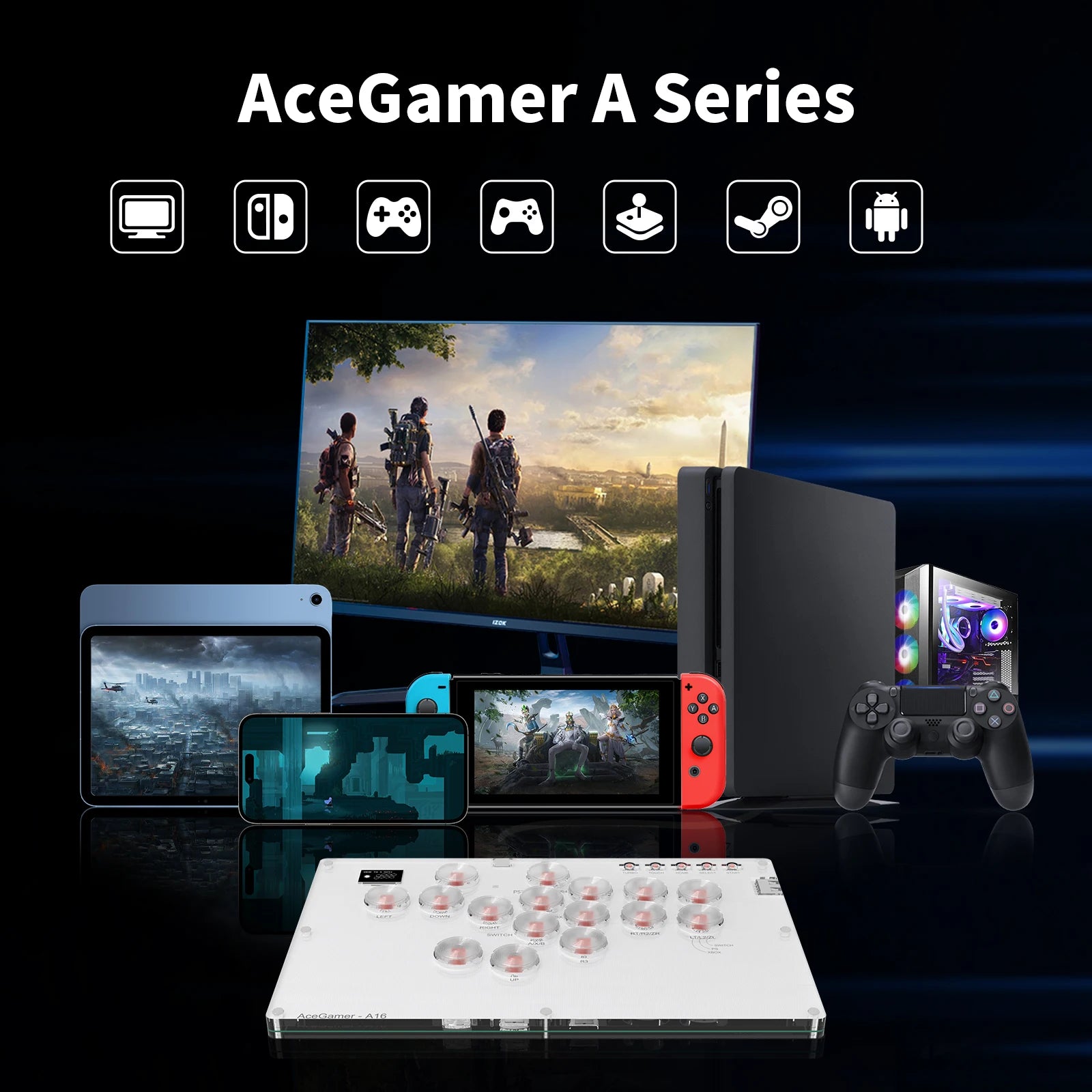 Arcade Stick 16Keys All-Button Gamerfinger with Turbo & RGB, Arcade leverless Controller Street Fight for PC/PS3/PS4/Steam
