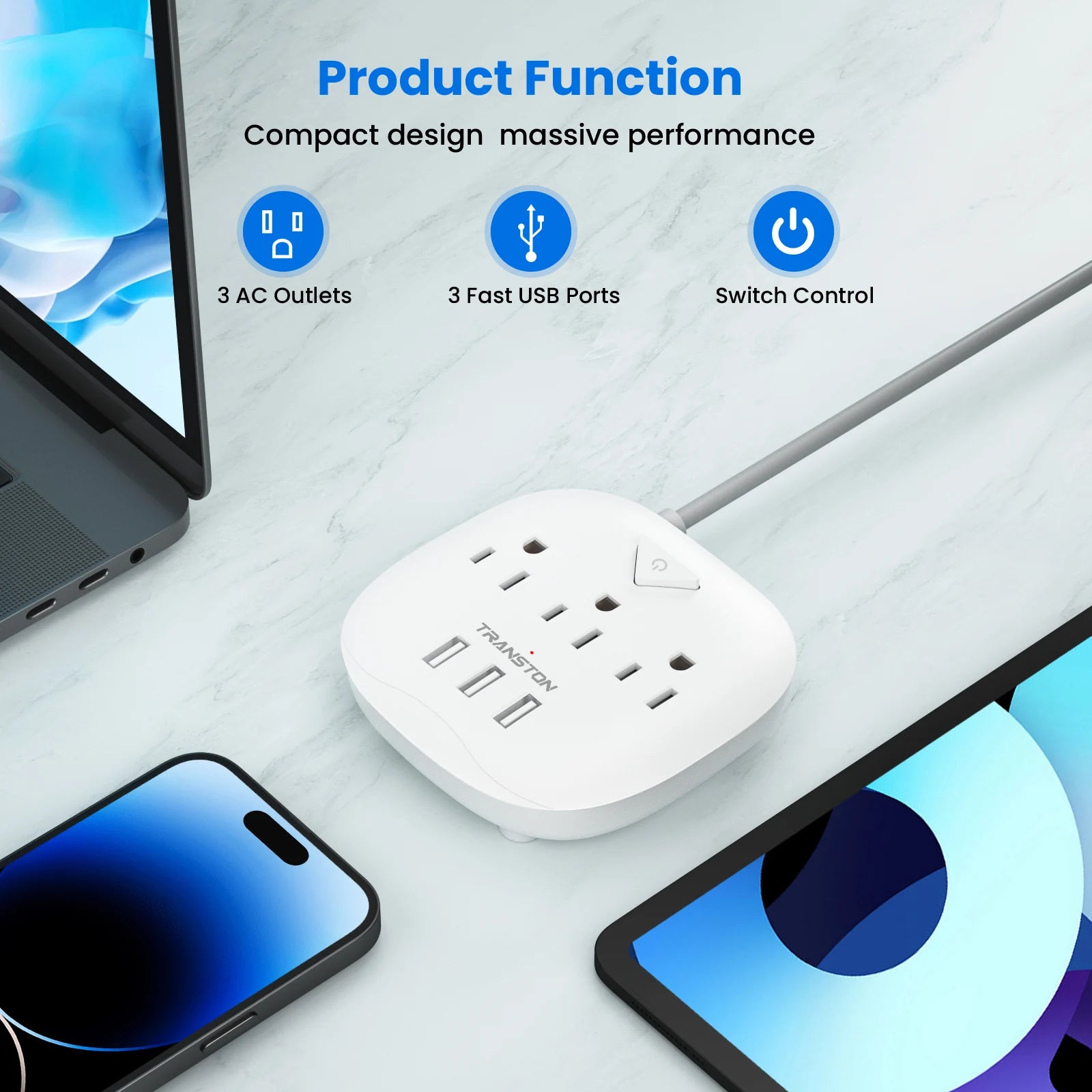 TRANSTON power strip with switch, 3power strip, 3 USB Ports, 3.3ft Extension Cord, Quick Charge, Fire Resistant, For Home