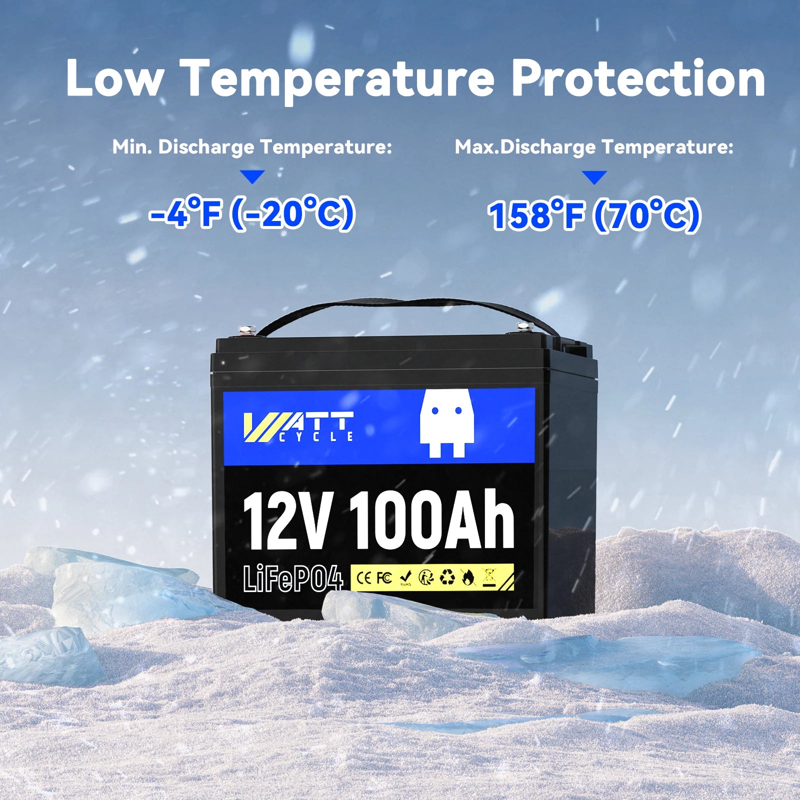 Wattcycle 12V 100Ah LiFePO4 Battery Packs Grade A Cells Rechargeable For Outdoor / Home Storage Lithium Iron Phosphate Batteries
