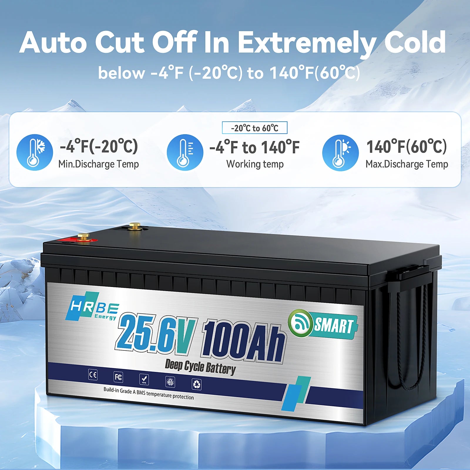 HRBEEnerg 24V 100Ah LiFePO4 Lithium Battery 100A BMS Wiht Bluetooth Cycles For RV,Solar,Marine,Camping,Trolling Motor,off-Grid