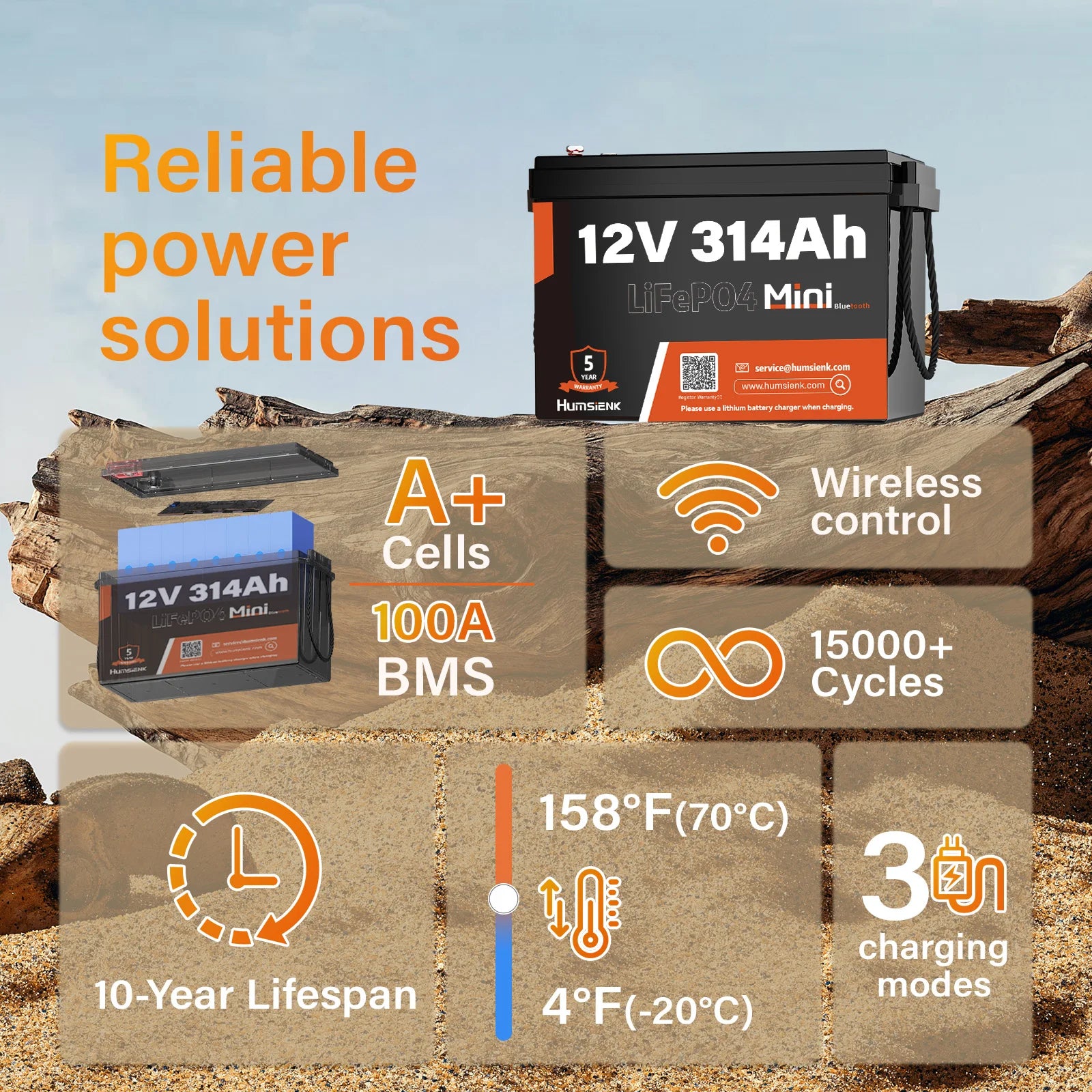 Humsienk 12V 20Ah 100Ah 200Ah 314Ah LiFePO4 Battery Rechargeable Cells 15000 Cycle BMS For RV/ Vans/ Camping/ Home Storage/Solar