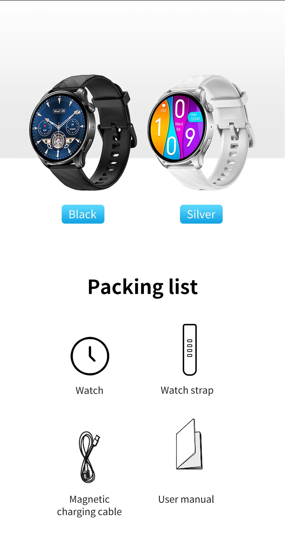 KUMI GW3 Pro Smartwatch 1.43" AMOLED Display IP68 Waterproof Bluetooth 5.2 Fitness Watch Heart Rate Blood Oxygen Tracker