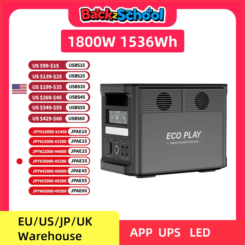 ECO PLAY Portable Power Supply, EP1800 1536Wh, LiFeP04 Battery with 3x1800W(3600W Surge)AC Outlets for Outdoor Camping RV Home