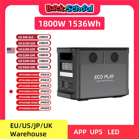 ECO PLAY Portable Power Supply, EP1800 1536Wh, LiFeP04 Battery with 3x1800W(3600W Surge)AC Outlets for Outdoor Camping RV Home