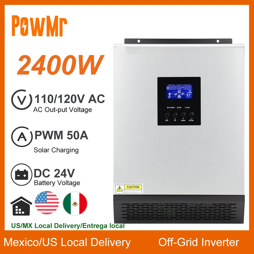 2400W Pure Sine Wave Hybrid Off-Grid Solar Inverter With 50A PWM Solar Charge Controller 24VDC to 110/12VAC Max PV Input 80Vdc