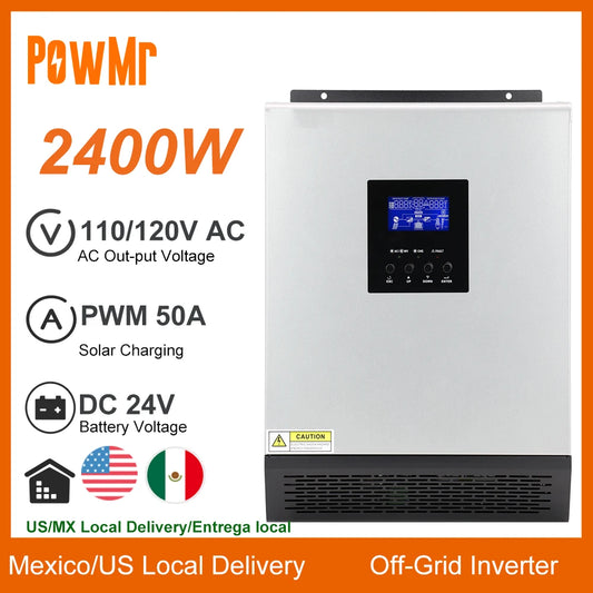 2400W Pure Sine Wave Hybrid Off-Grid Solar Inverter With 50A PWM Solar Charge Controller 24VDC to 110/12VAC Max PV Input 80Vdc