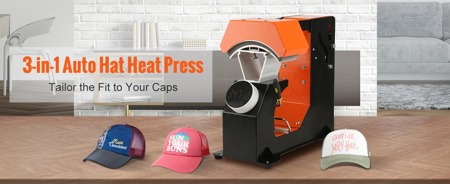 SucceBuy 3in1 Auto Hat Cap Heat Press Machine 6.4x3.5in Press Knob Clamshell Sublimation Transfer 3pcs Replaceable Heating Pad