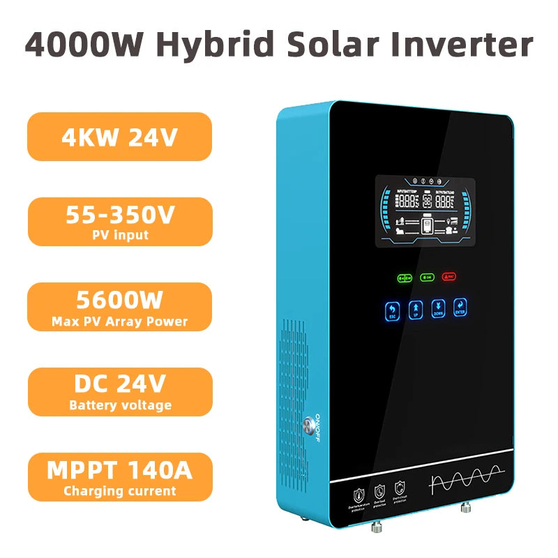 Y&H 4000W/3600W Hybrid Solar Inverter 24Vdc 110V/120Vac Pure Sine Wave Home Inverter with 140A/120A MPPT Solar Controller