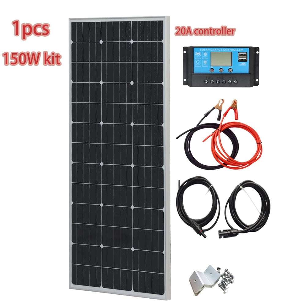 Solar Panel PV 900W 750W 600W 450W 300W 150 W Mono Cells Kit | Photovoltaic Aluminium Frame Camping Balcony Home Charge 12V