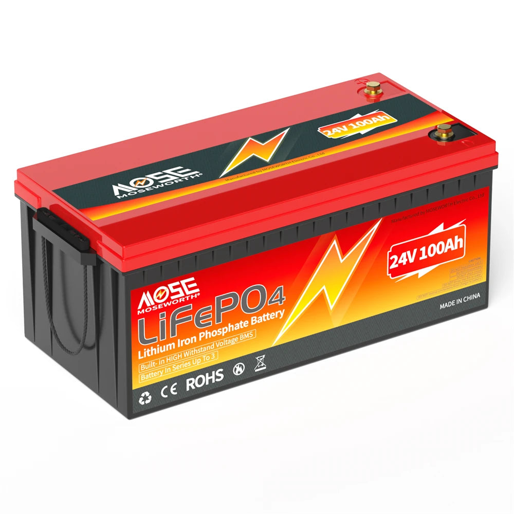 24V 100Ah LiFePO4 Battery Bluetooth Battery Builti in 200A BMS 2560Wh Lithium Ion Rechargeable Batteries for Camper Solar Boat