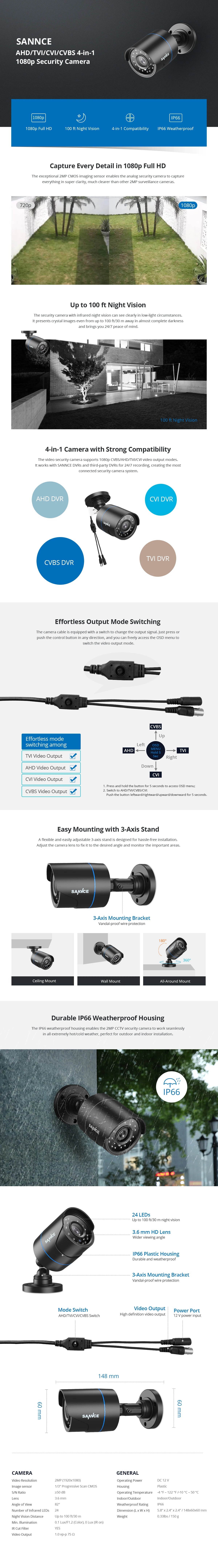 SANNCE 1080P Outdoor Bullet Home CCTV Security Camera 100ft IR Night Vision Weatherproof Cameras 2MP CCTV Surveillance