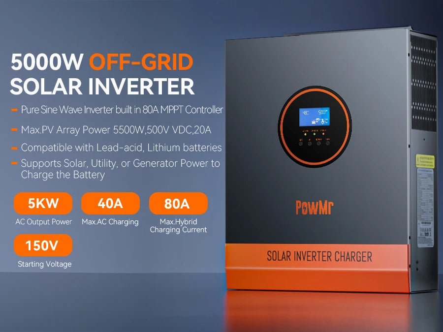 PowMr 5000W 48V 110/120VAC Output MPPT Hybrid Solar Inverter PV 500VDC With MPPT 80A Charger Controller Support Lithium Battery