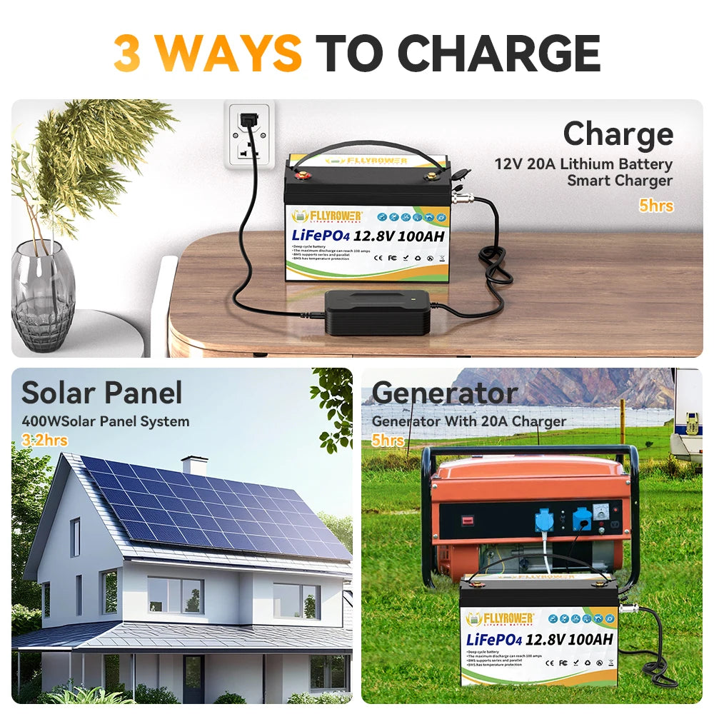 LiFePO4 Battery 12V 100Ah BMS100A Rechargeable Lithium Battery Pack For Inverter Solar Off-Road Off-grid Solar Energy Deep Cycle