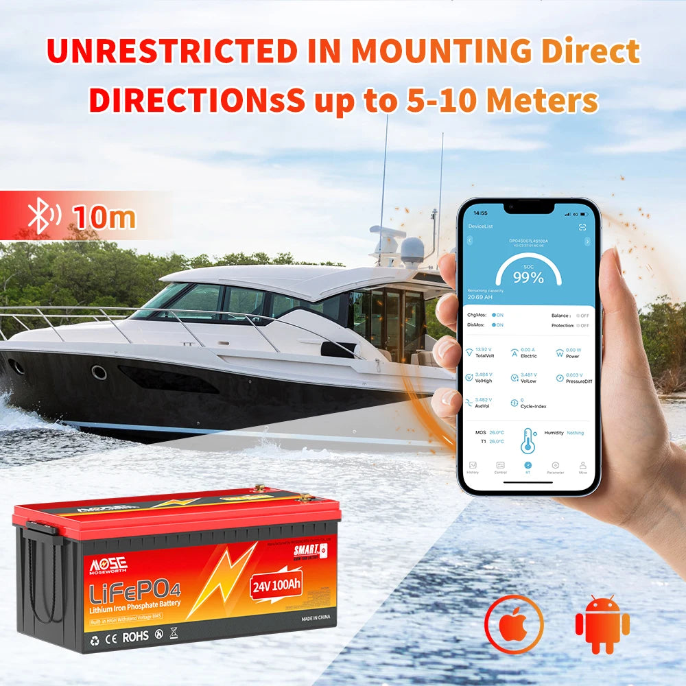 24V 100Ah LiFePO4 Battery Bluetooth Battery Builti in 200A BMS 2560Wh Lithium Ion Rechargeable Batteries for Camper Solar Boat