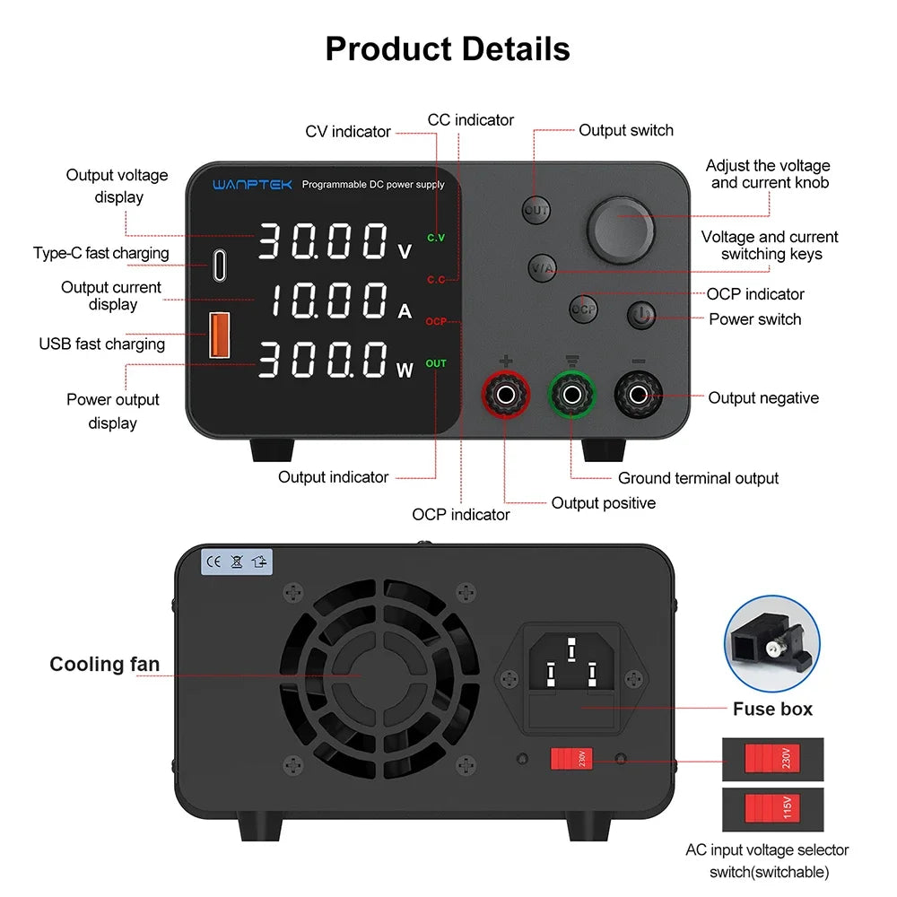 Wanptek Adjustable Lab DC power supply 30V 5A 10A 60V 5A Bench Power Source Stabilized Voltage USB power supply 120V 3A 160V 2A