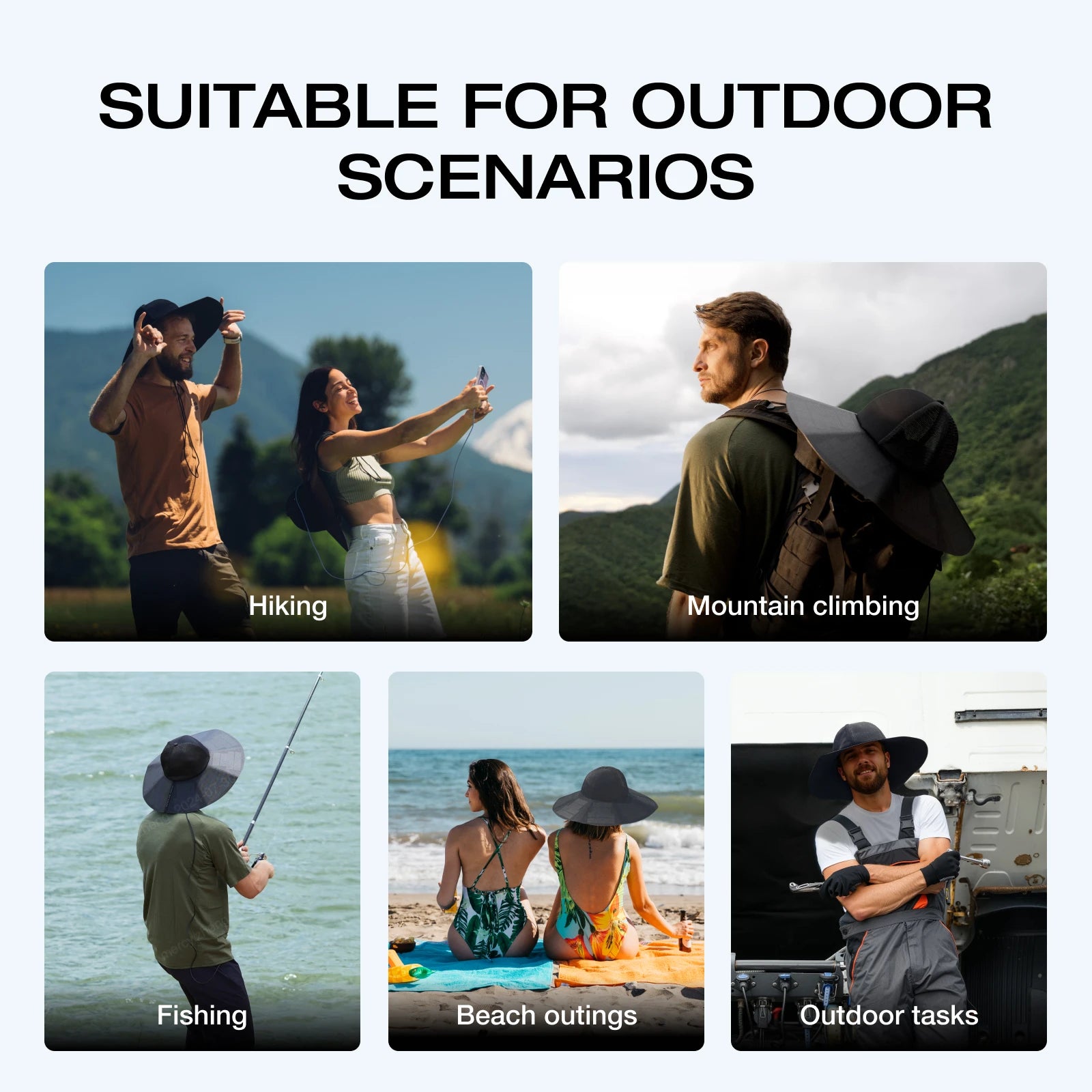 ECOFLOW Power Hat, Solar Charging Bucket Fishing Hat, Dual USB-A/USB-C Ports, SPF 50+ Wide Brim Sun Hats, XLarge 24 in, Black