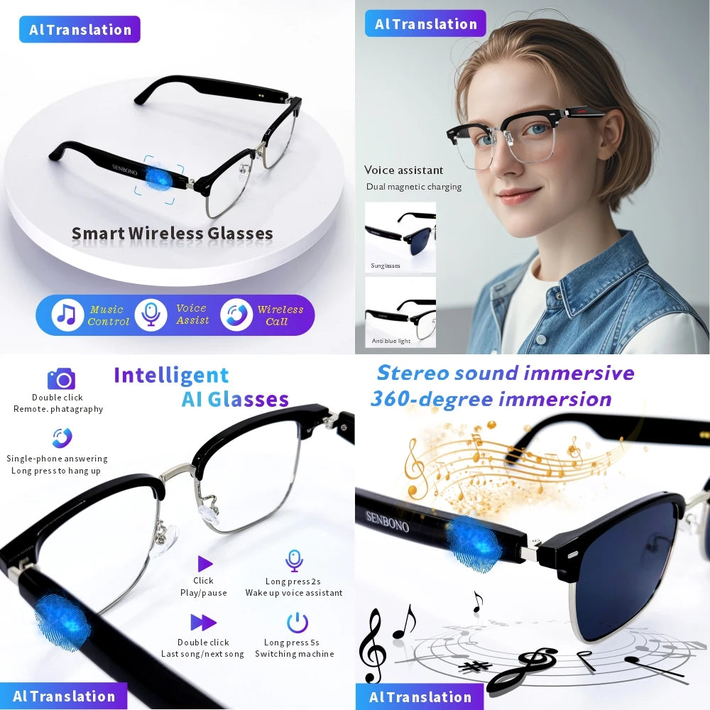 SENBONO Smart Glasses AI Translation Glasses 100+ Languages Real-time Translation Bluetooth Music Built-in Mic & Speakers