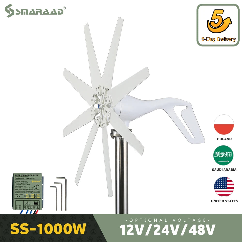 US EU Delivery1000W Horizontal Turbine 12V/24V/48V Low Noise Household 220V Poland Brazil Russia Warehouse Rapid Delivery