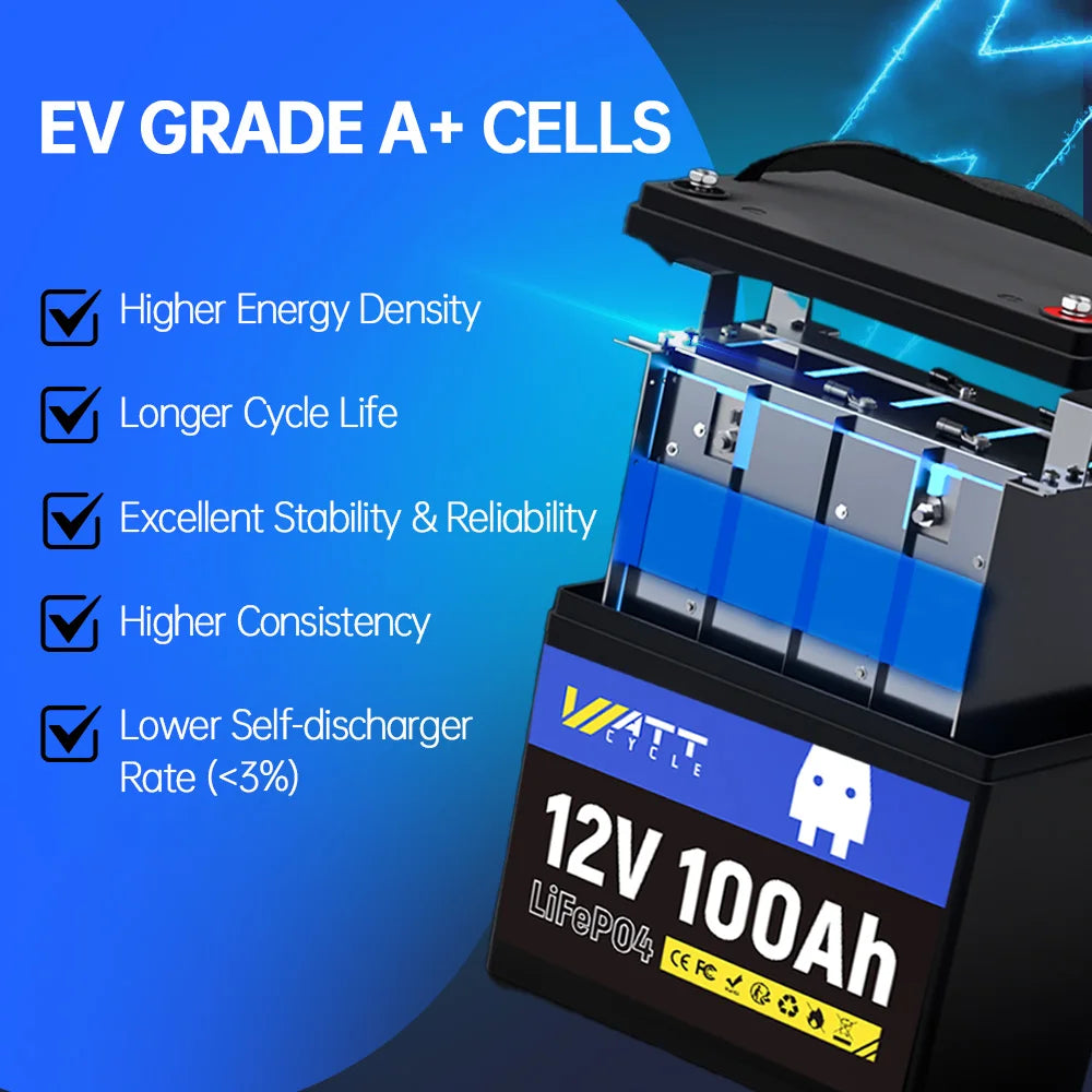Wattcycle 12V 100Ah LiFePO4 Battery Packs Grade A Cells Rechargeable For Outdoor / Home Storage Lithium Iron Phosphate Batteries
