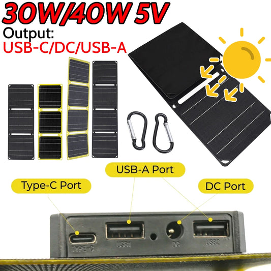 30W/40W 5V Solar Panel PD 20W QC 3.0 5V 9V 12V Foldable Solar Power Bank Type C USB-A DC Output Portable Battery Phone Charger