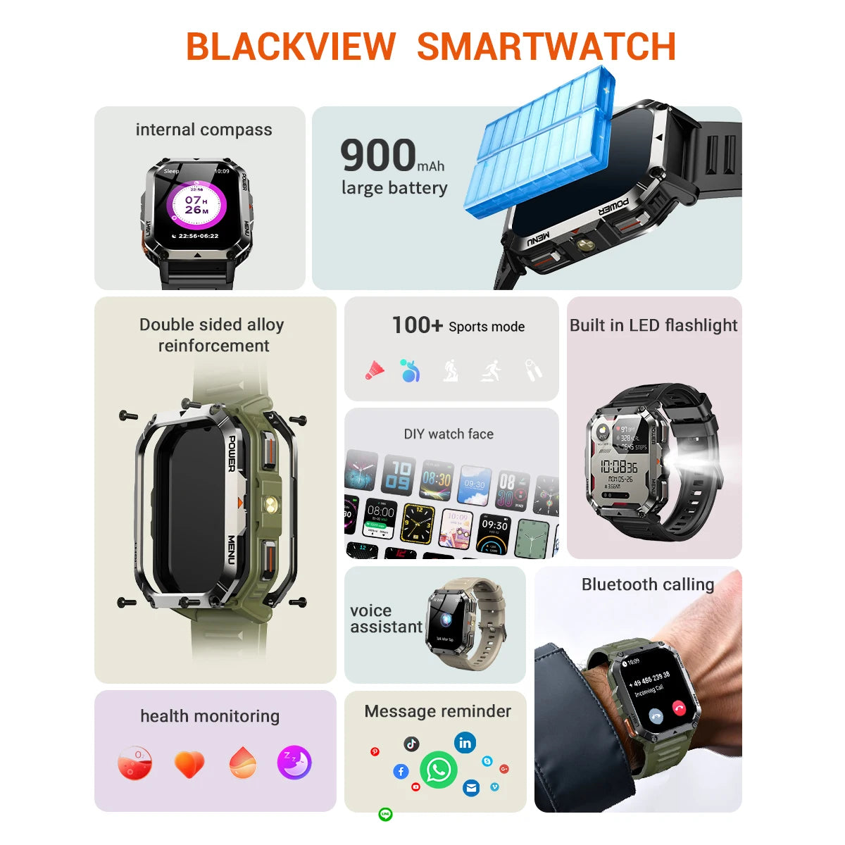 Blackview 2025 New  Waterproof Rugged Smart Watch W70 Pro 900mAh Rugged Smart Watch for Outdoor With Emergency Lighting, Compass