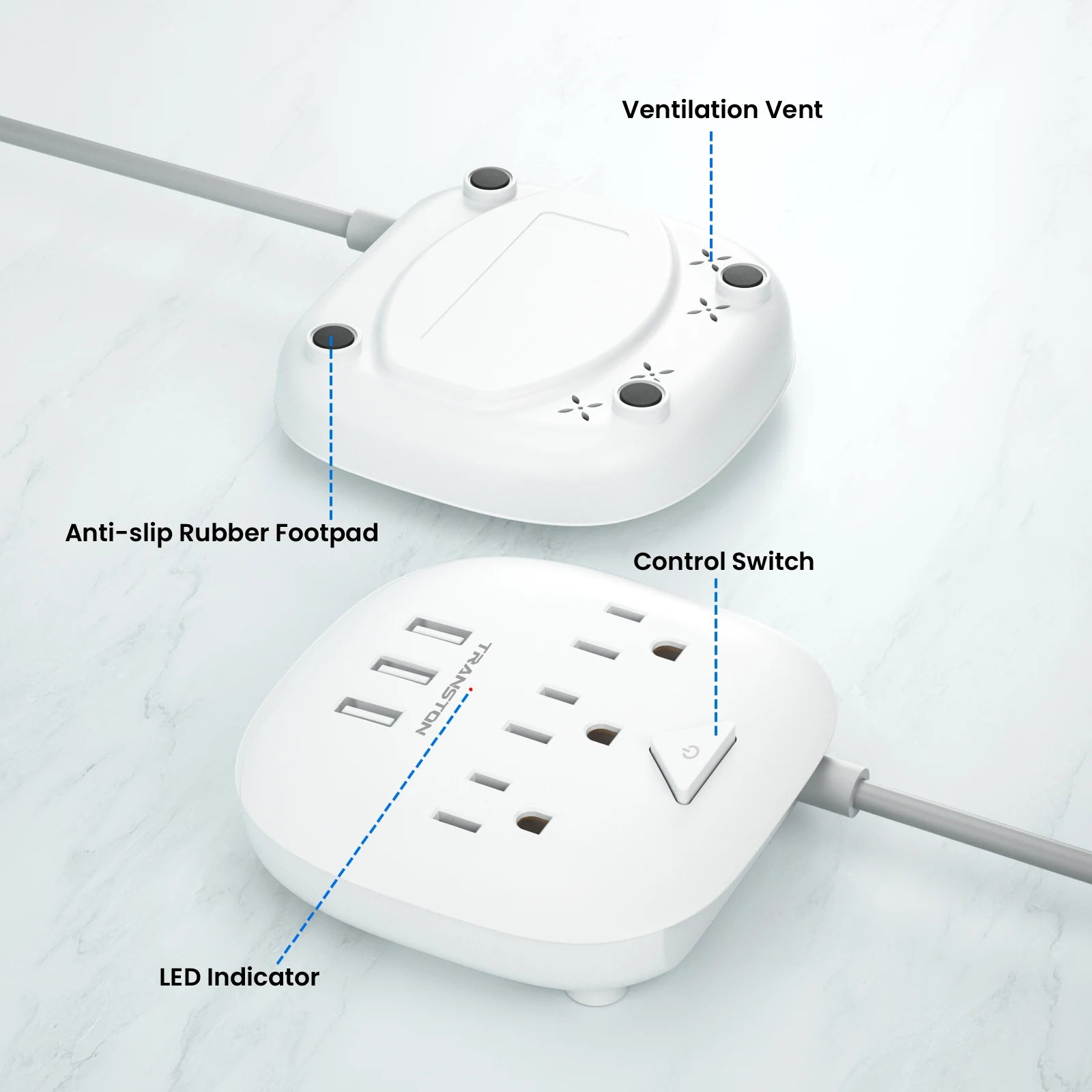 TRANSTON power strip with switch, 3power strip, 3 USB Ports, 3.3ft Extension Cord, Quick Charge, Fire Resistant, For Home