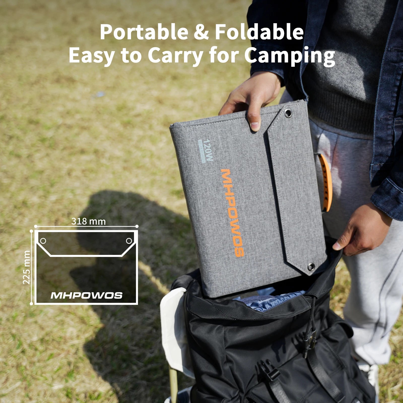 MHPOWOS 120W Foldable Solar Panel with USB-C/2xUSB-A/DC Outputs Portable Battery Charger For Outdoor Waterproof Power Camping