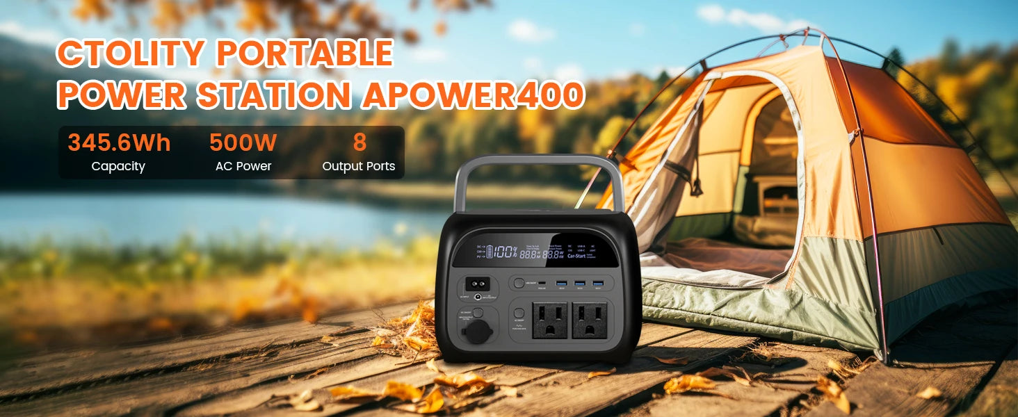 CTOLITY AP400 345WH 500W Portable Power Station 108000mAh Camping Lifepo4 PowerBank Portable Backup Generator UPS Home RV