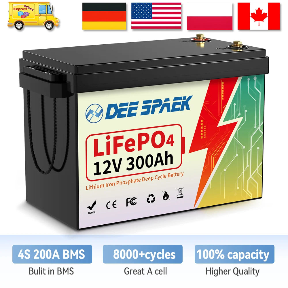 12V 300Ah LiFePo4 Lithium Battery With BMS 8000+ Cycles For RV Campers Off-Road Off-Grid 300Ah 12.8V LiFePO4 Battery Pack Stock