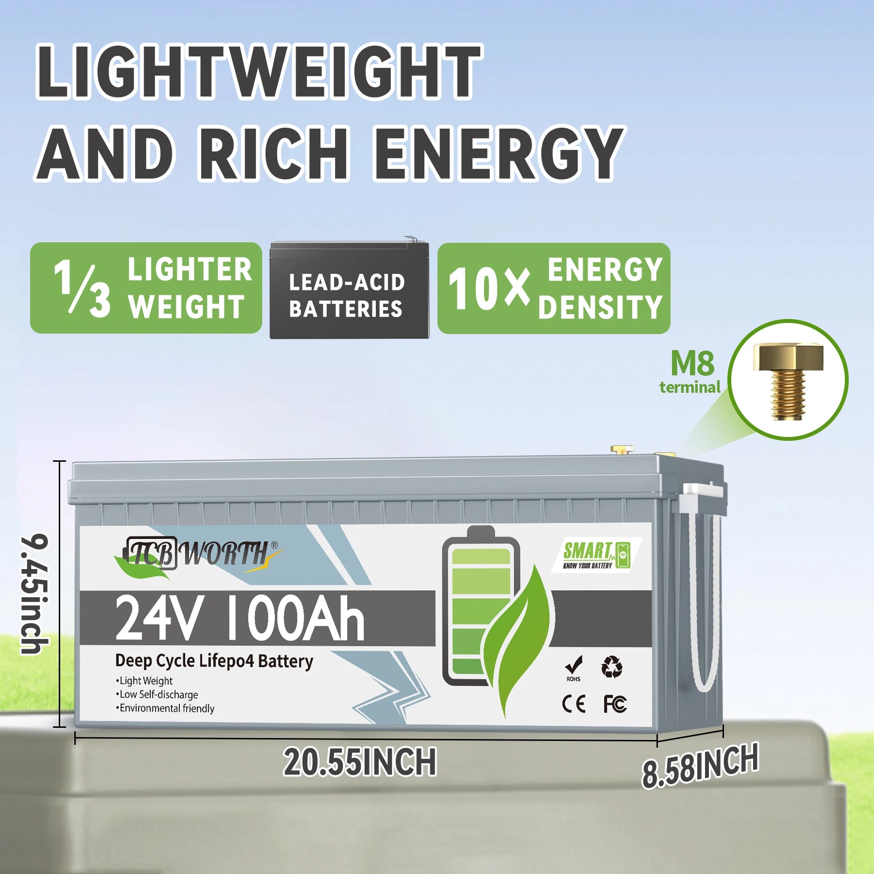 TCBWORTH 24V 100Ah Bluetooth LiFePO4 Battery,Deep Cycles 2560Wh Lithium Battery for Marine,Trolling Motor,Solar Off-Grid System