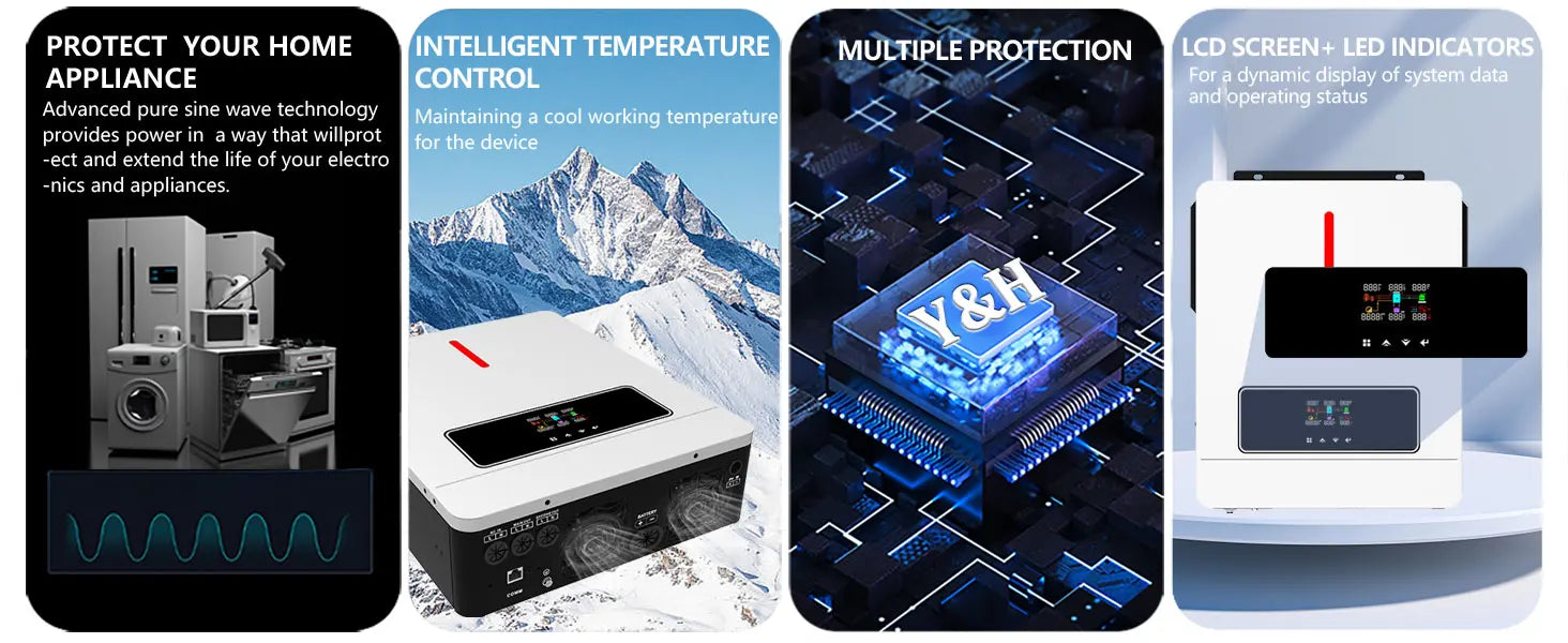 Y&H 4000W/3600W Hybrid Solar Inverter 24Vdc 110V/120Vac Pure Sine Wave Home Inverter with 140A/120A MPPT Solar Controller