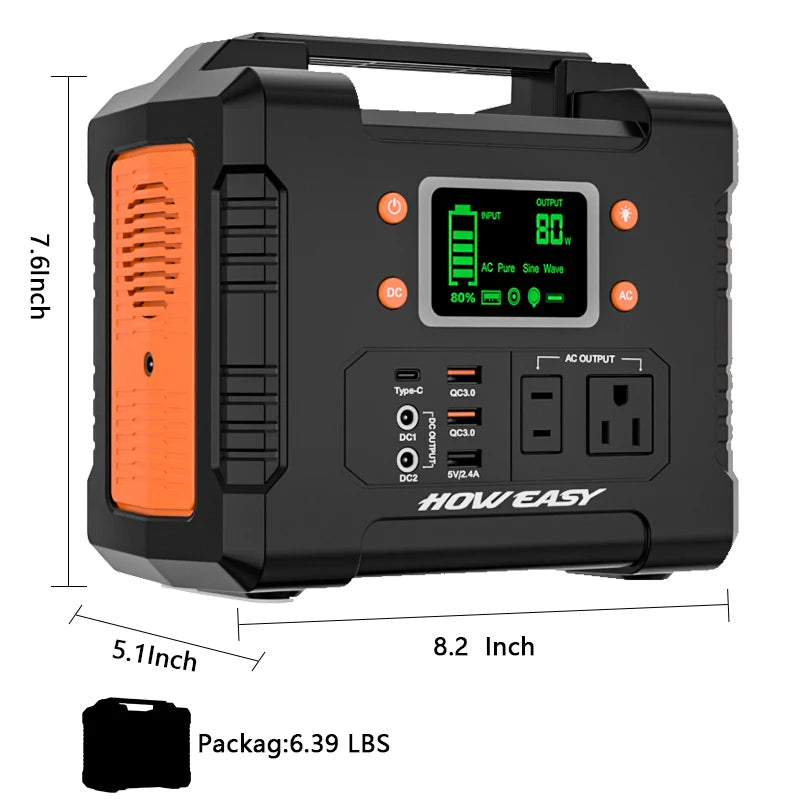 Howeasy 300W Portable Power Station, 236Wh Solar Generator (Without Solar Panel), Pure Sine Wave 110V Ac Socket, Spare Lithium Battery, Led Light/Dc/Usb/Qc3.0 for Camping Style Use