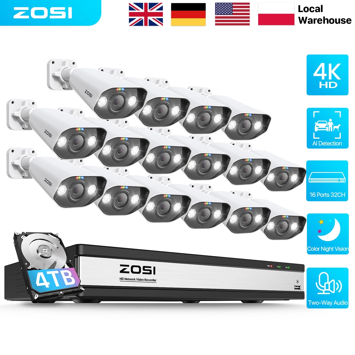 ZOSI 16CH 8MP/5MP PoE Security Camera System AI Person Vehicle Detection 2 Way Audio IP Cam 4K CCTV Video Surveillance NVR Kit