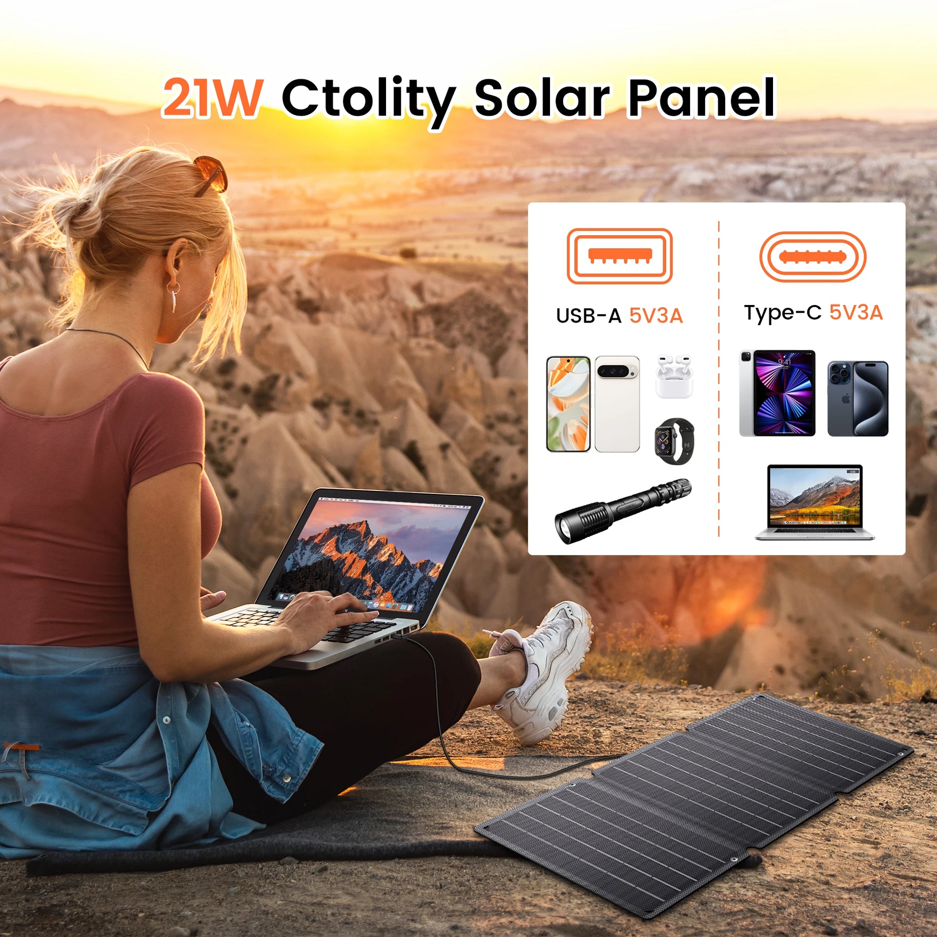CTOLITY Solar Panel Portable Foldable Waterproof Charger Solar Phone Charger for Travel Iphone Camping Hiking Travel Powerbank