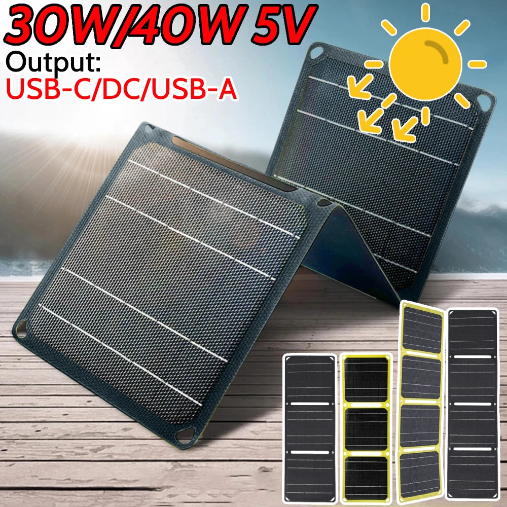 30W/40W 5V Solar Panel PD 20W QC 3.0 5V 9V 12V Foldable Solar Power Bank Type C USB-A DC Output Portable Battery Phone Charger