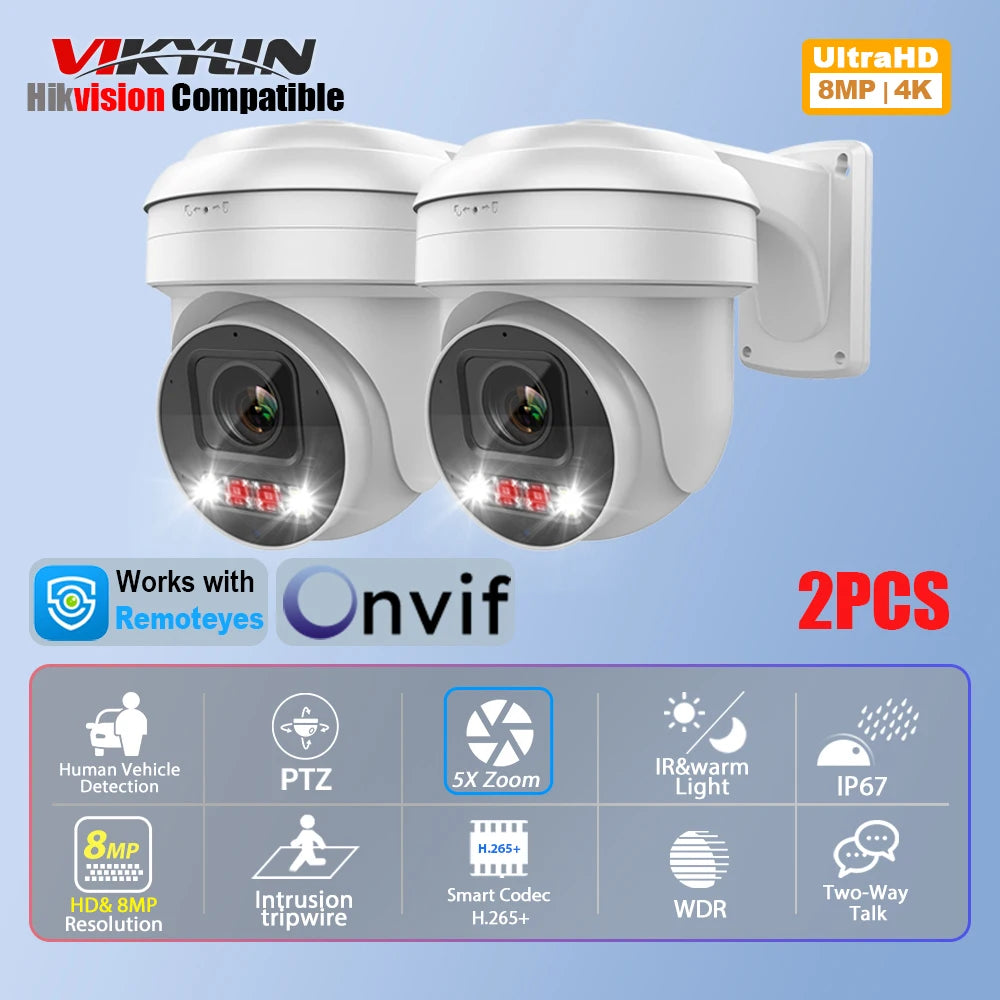 Vikylin Hikvision compatible 8MP 5X Zoom PTZ IP Camera with 2-Way Audio MD2.0 IP66 Outdoor Video Surveillance Camera Onvif CCTV