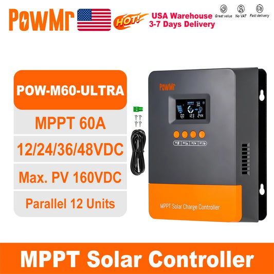 PowMr MPPT 60A 40A 30A 20A LCD Solar Charge Controller 12V 24V 36V 48V Auto Battery Solar Panel Smart Regulator Support Lifepo4