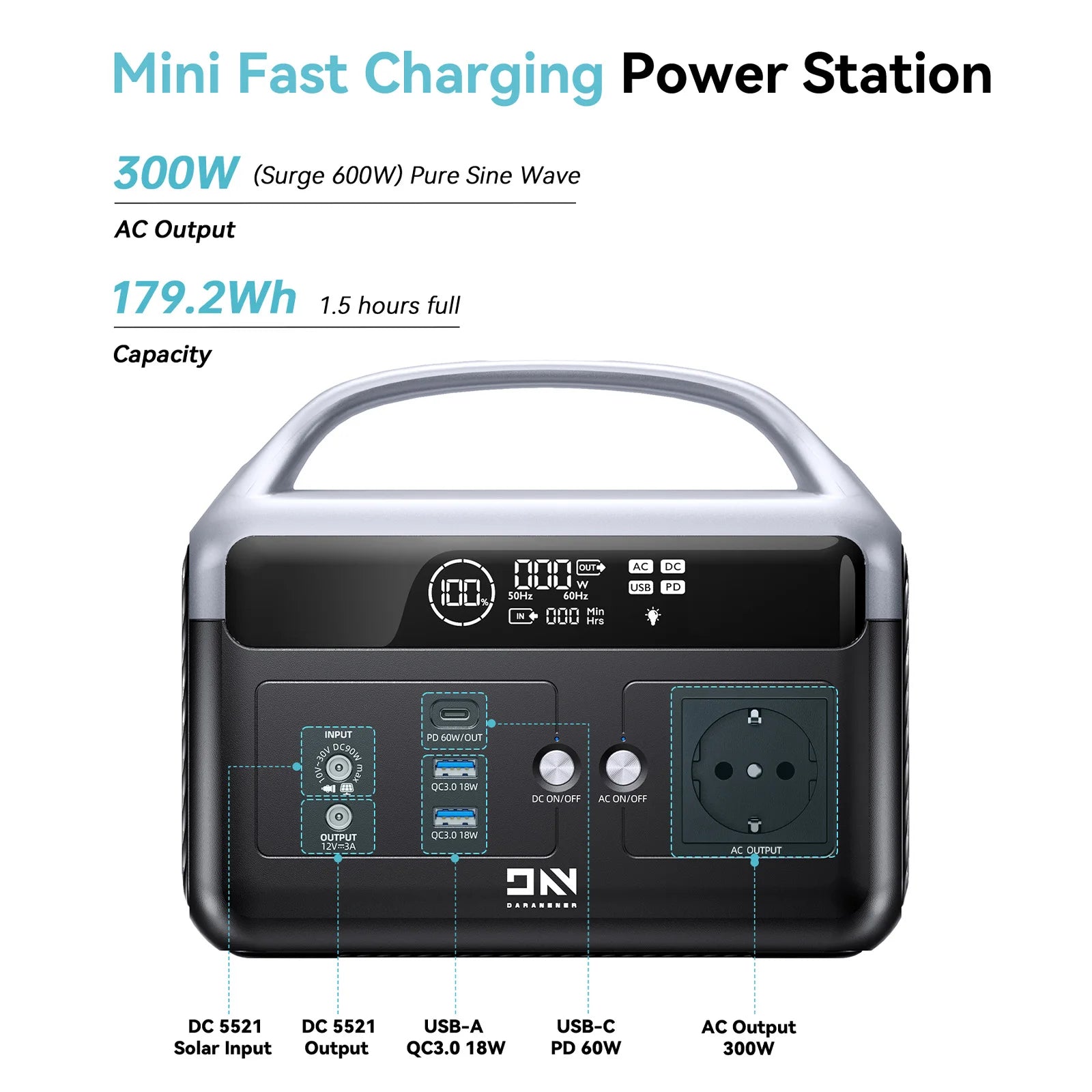 DaranEner NEOZ Portable Power Station 300W 179.2Wh LiFePO4 Battery AC DC Outdoor Pure Sine Wave Emergency Backup Power Supply