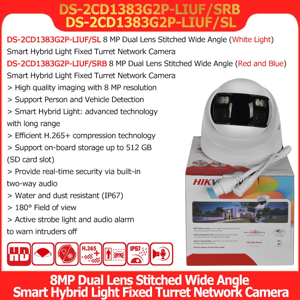 Hikvision DS-2CD1383G2P-LIUF/SL 8MP 4K Dual Lens Stitched 180° Wide Angle Smart Hybrid Light POE Network IP Camera MD 2.0 Audio
