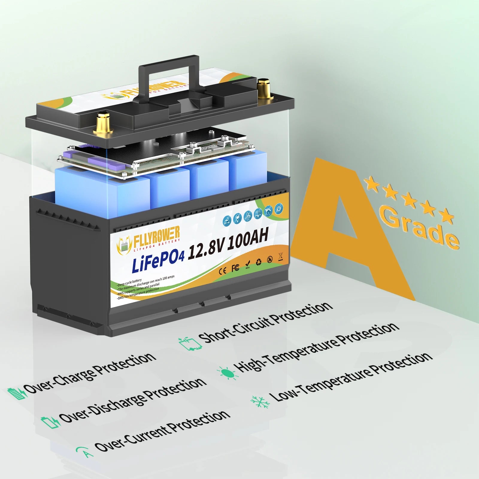 FLLYROWTH 12V 100Ah LiFePo4 Lithium Battery Pack 100A BMS For RV Boat Motors Inverter Solar Wind Lithium Iron Phosphate Battery