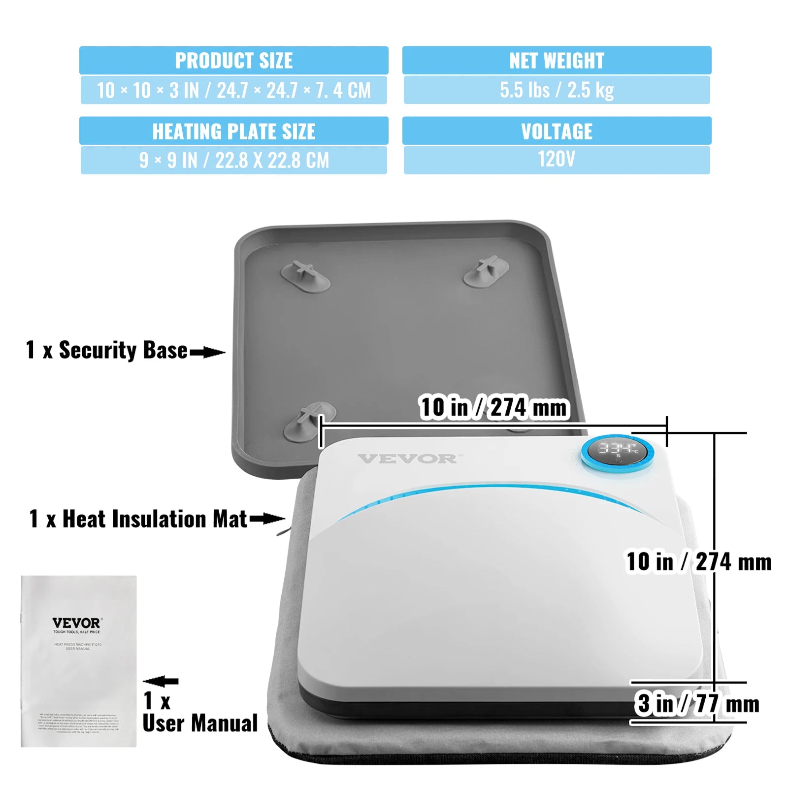 VEVOR 9x9/12x10 in Portable Heat Press Machine DIY Shirt Printing Multifunctional Sublimation Transfer for HTV Vinyl T-shirt Bag
