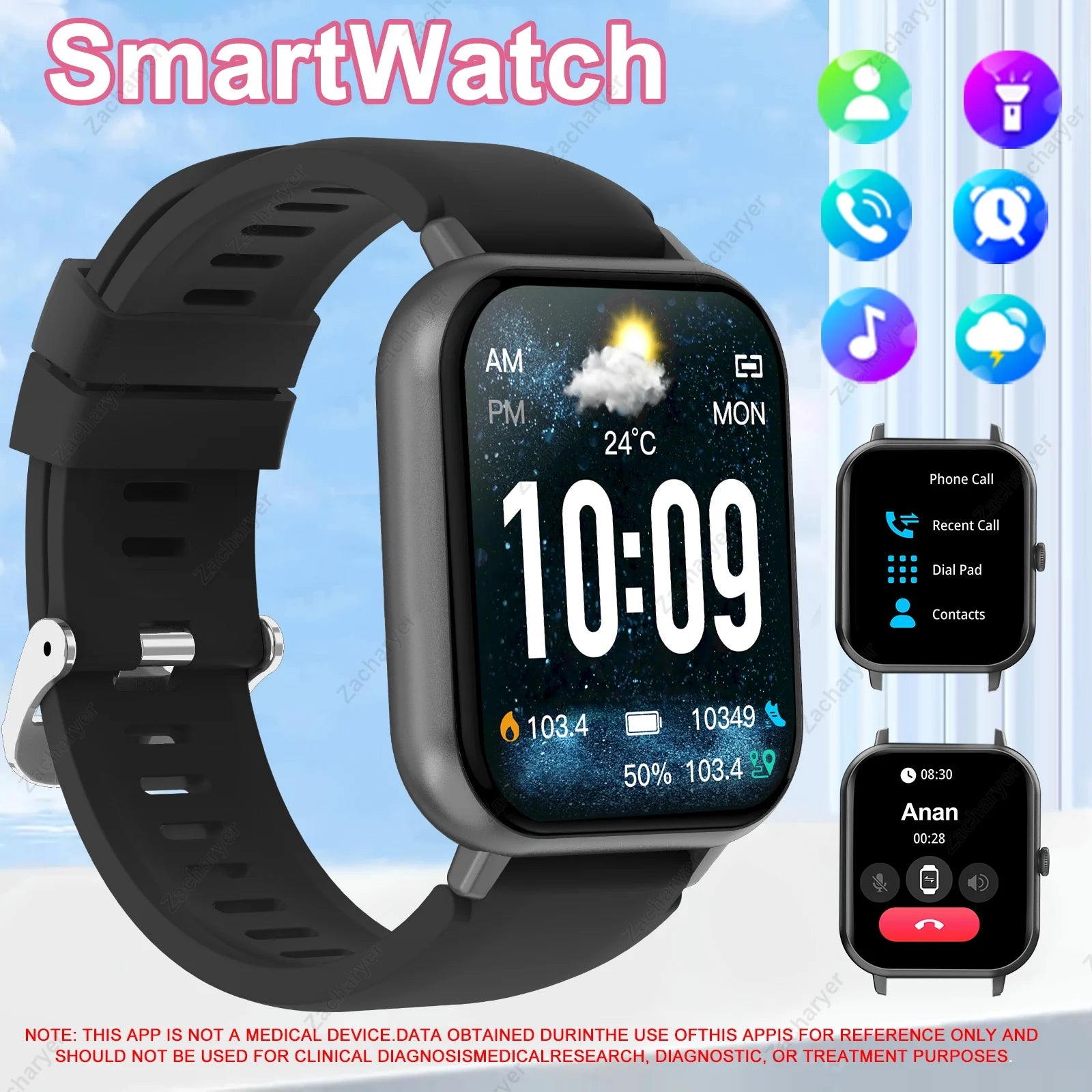 Smart watch, wireless calling/dial, multi-Sport mode, calling reminder and rejection, SMS reminder, for iPhone/Android