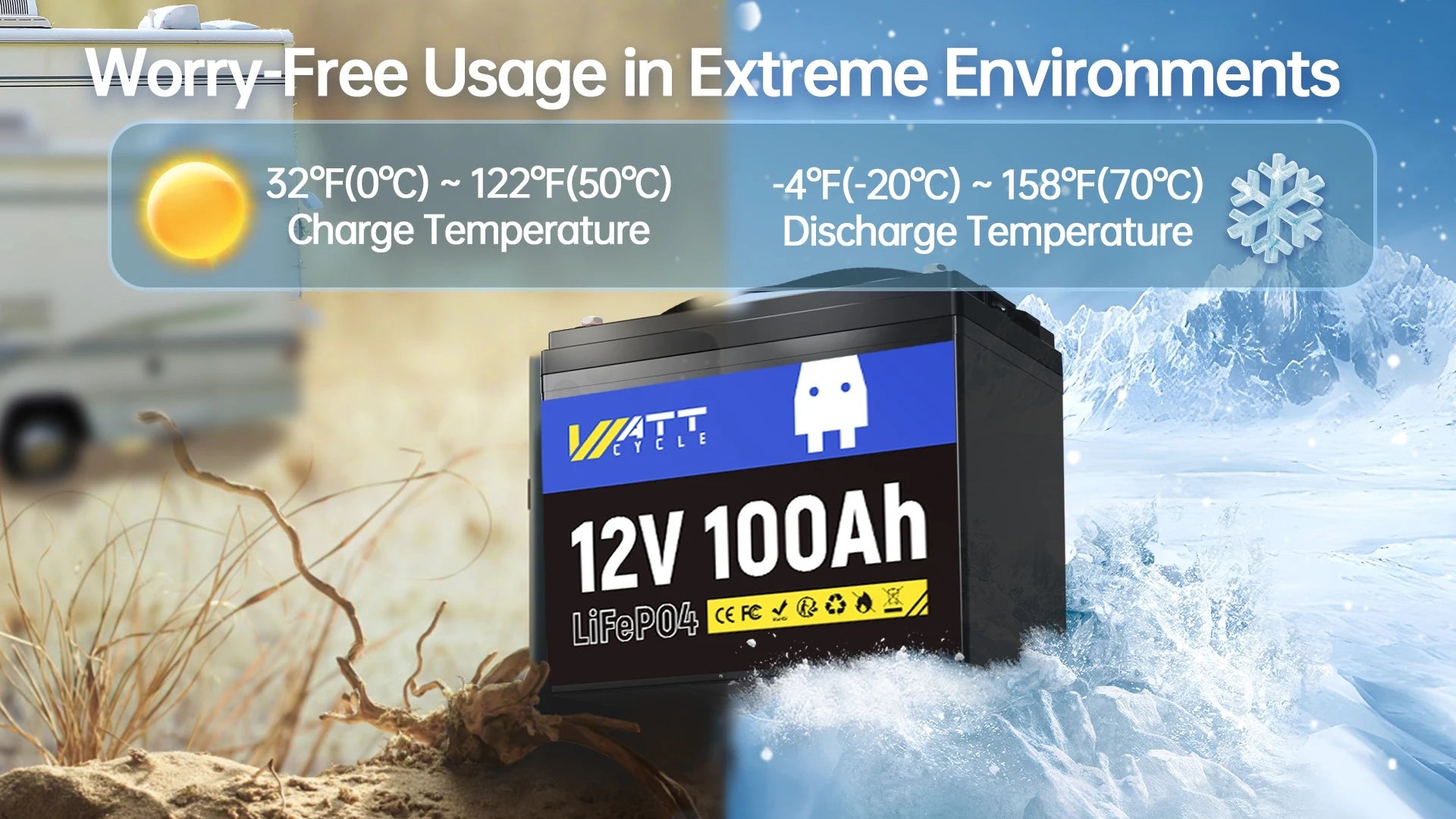 Wattcycle 12V 100Ah LiFePO4 Battery Packs Grade A Cells Rechargeable For Outdoor / Home Storage Lithium Iron Phosphate Batteries